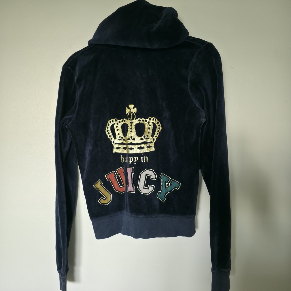 Vtg Y2K Juicy Couture Velour Hoodie Navy Blue Gold Crown Happy In Juicy Sz Med